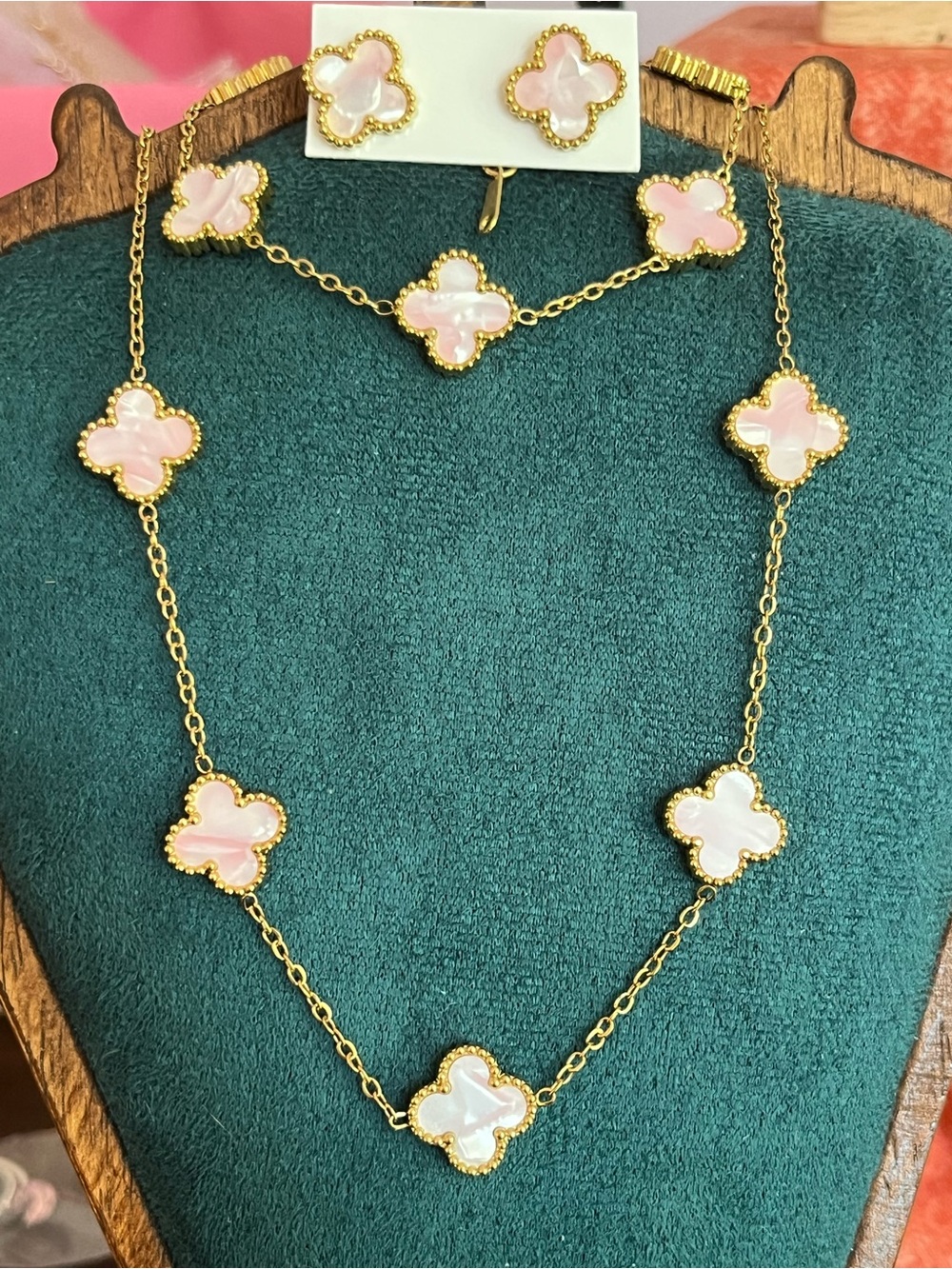 Gold-over SSteel Necklace, Bracelet Stud Earring Set w/Pink MoP Clovers  🍀 Adj - Picture 4 of 6